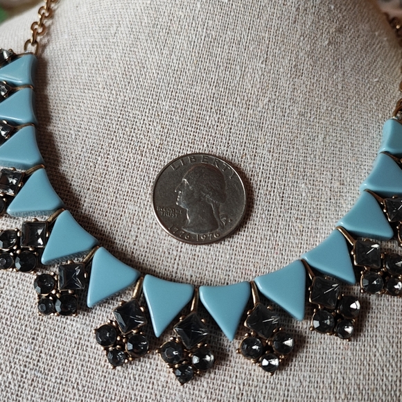 J. Crew Art Deco Revival Triangle Cornflower Blue Brass Smoke Stone Necklace EUC - Picture 8 of 10